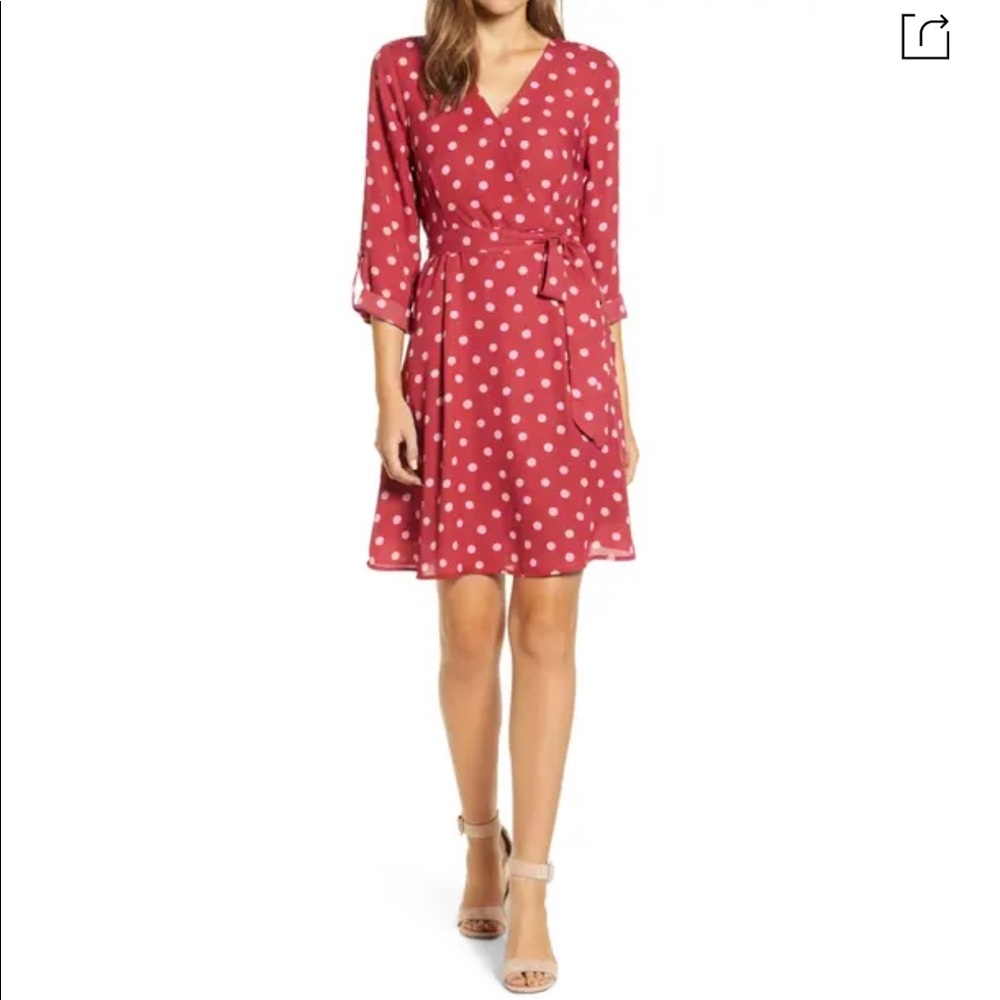 Bobeau Print Long Sleeve Roll-tab Faux Wrap Dress In Berry Red Dot